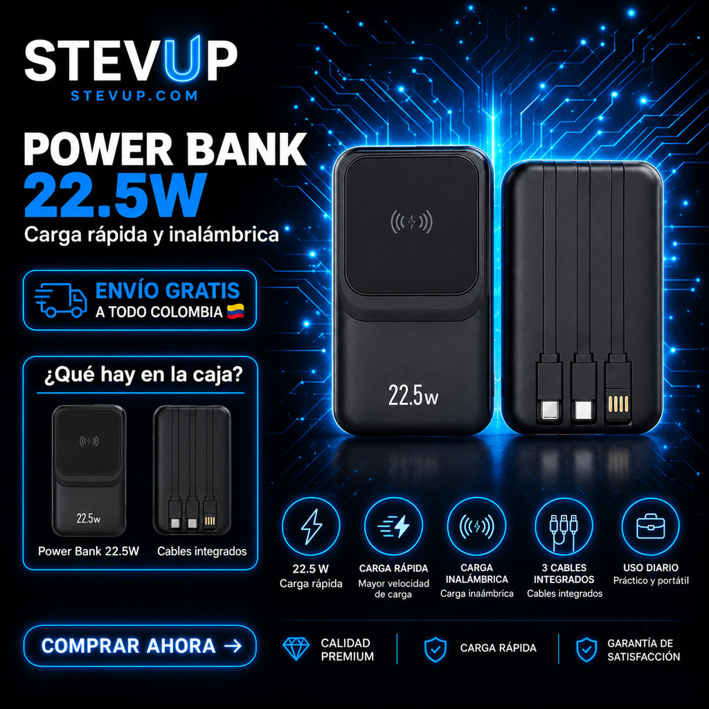 Power Bank 22.5W con Carga Inalámbrica