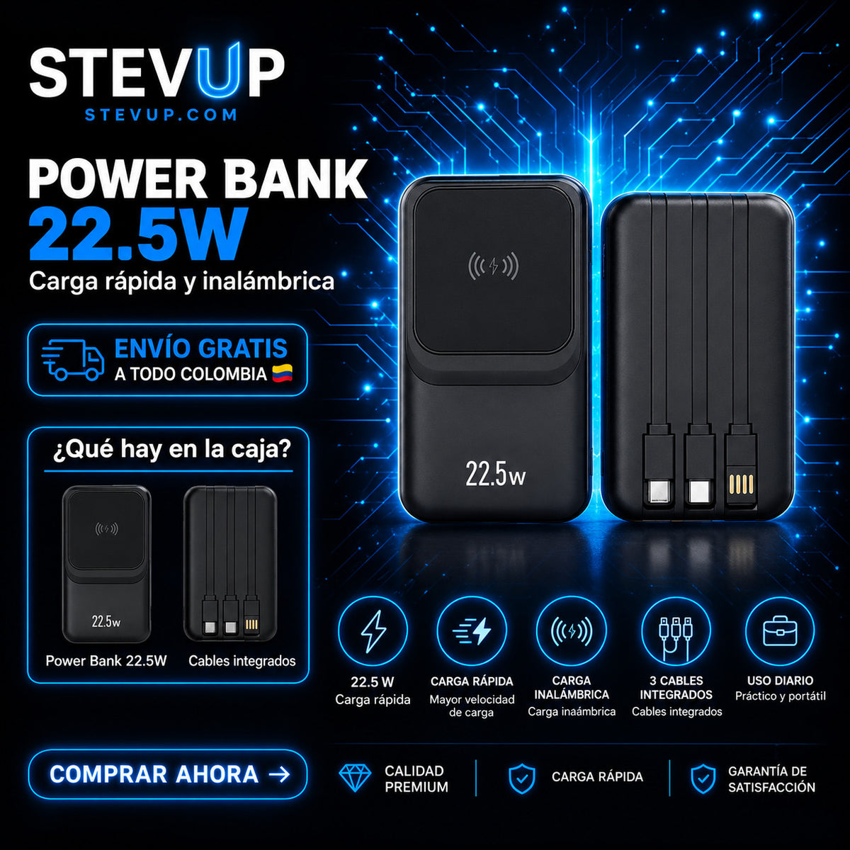 Power Bank 22.5W con Carga Inalámbrica